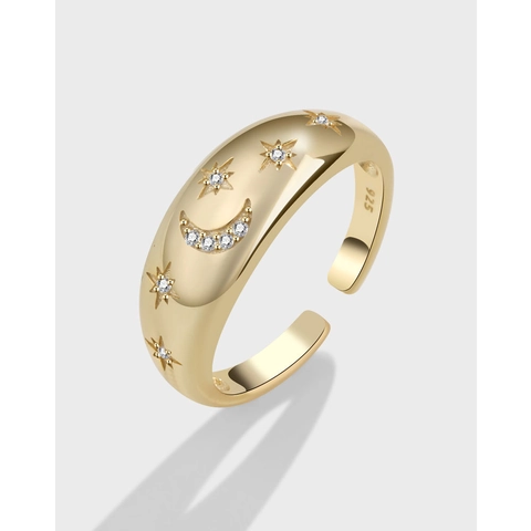 925 Sterling Silver Star Moon Open Ring Vintage Gold Platinum Plated Zirconia Adjustable Band Ring For Women Jewelry Gift