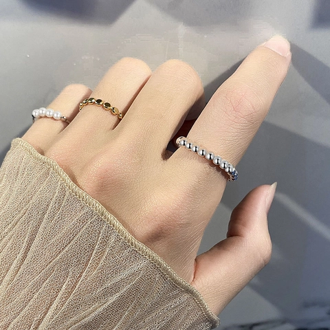 Anello con Perline Minimalista in Argento Sterling 925 per Donna Cordino Elastico Perline di Metallo Tonde Anello Regolabile Gioielli