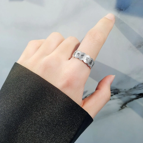 Vintage 925 Sterling Silver Om Mani Padme Hum Open Ring For Men Women Scalloped Edge Thai Silver Religious Jewelry Gift