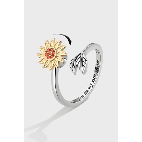 Bague Fidget Tournesol Rotative en Argent Sterling 925 pour Femme Bijoux de Soulagement de l'Anxiété Ajustable avec Gravure Sunshine