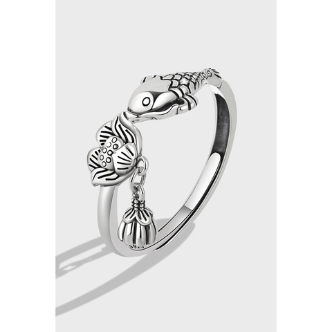 925 Sterling Silver Open Adjustable Ring For Women Vintage Ethnic Style Carp Lotus Flower Dangle Retro Thai Silver Jewelry Finger Ring