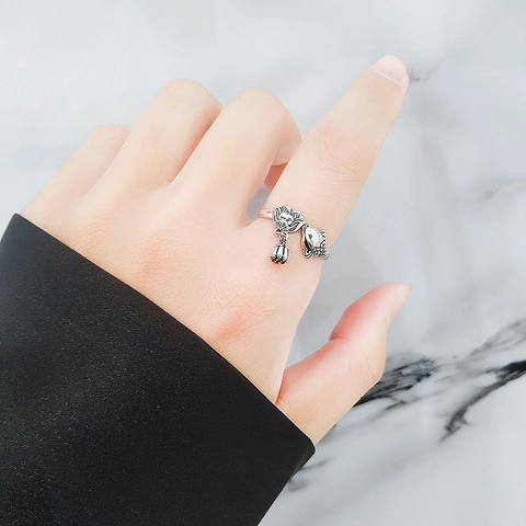925 Sterling Silver Open Adjustable Ring For Women Vintage Ethnic Style Carp Lotus Flower Dangle Retro Thai Silver Jewelry Finger Ring