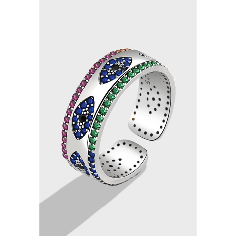 Bague Mauvais Œil en Argent Sterling 925 Vintage pour Femme Avec Zircone Colorée Incrustée Style Bohémien Bague Ajustable Bijoux