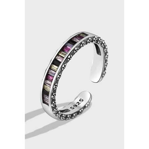 Vintage 925 Sterling Silver Rainbow Zirconia Ring For Women Retro Thai Silver Cross Floral Engraved Adjustable Open Ring Fine Jewelry