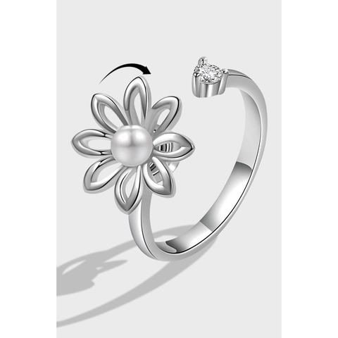 S925 Sterling Silver Rotating Flower Ring For Women Adjustable Open Artificial Pearl Zirconia Spinning Fidget Ring Simple Elegant Jewelry Gift
