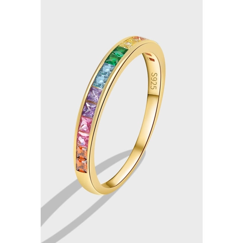 Women S925 Sterling Silver Gold Plated Rainbow Zirconia Ring Square Cut Multi Color Eternity Band Fashion Finger Jewelry