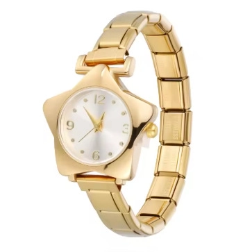 Women Fashion Star Quartz Watch Stainless Steel Modular Elastic Band Gold Silver Plated Five-Pointed Star Case Wristwatch