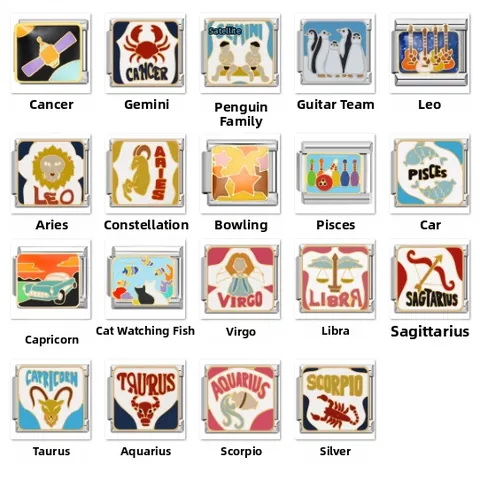Italian Style Modular Charm Link For DIY Bracelet Stainless Steel Enamel Zodiac Signs Cat Penguin Guitar Pattern Jewelry Unisex