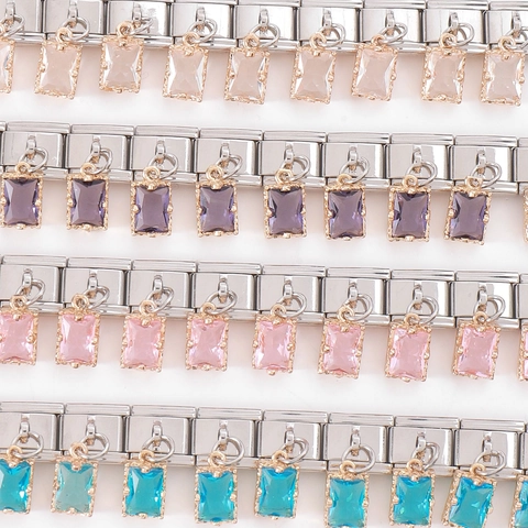Italian Modular Charm Bracelet Stainless Steel Single Link With Square Gemstone Pendant DIY Jewelry For Women