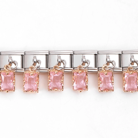 Italian Modular Charm Bracelet Stainless Steel Single Link With Square Gemstone Pendant DIY Jewelry For Women