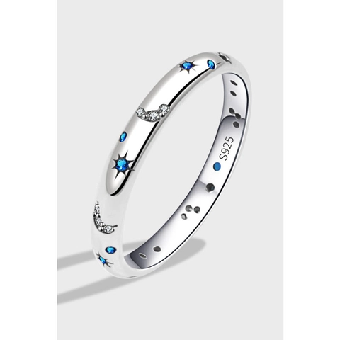 Anello in Argento Sterling 925 Stella Luna per Donna Design Romantico Galassia Con Zirconia Cubica Blu Bianca Intarsiata Gioielli