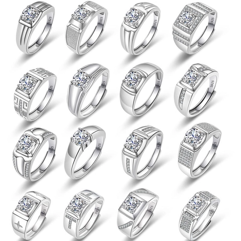 925 Sterling Silver Men Ring Round Zirconia Adjustable Opening Engagement Wedding Band Luxury Business Fashion Male Finger Jewelry