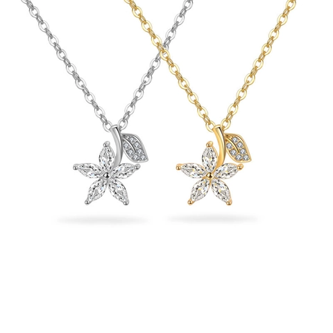 Collier Pendentif Feuille de Fleur de Cerisier en Argent Sterling 925 Incrusté de Zircone Plaqué Or Minimaliste Elégant pour Femme