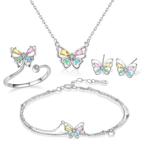 925 Sterlingsilber Schmetterling Schmuck Halskette Armband Ohrringe Verstellbarer Ring Bunte Zirkonia Elegant Süß Damen Modeschmuck