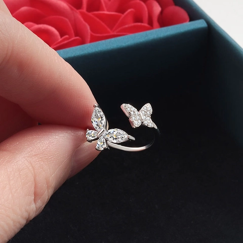 Anello a Farfalla Regolabile in Argento Sterling 925 per Donna Elegante Zirconia Cubica Marquise Doppio Anello Aperto Farfalla Gioielli Regalo