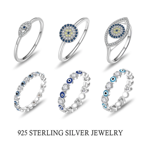 925 Sterling Silver Evil Eye Ring For Women Heart Shaped Zirconia Enamel Blue Eye Amulet Adjustable Band Ring Jewelry Gift