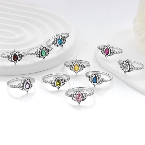 S925 Sterling Silver Lotus Ring For Women Fashion Vintage Zirconia Water Drop Flower Finger Ring Party Jewelry Gift