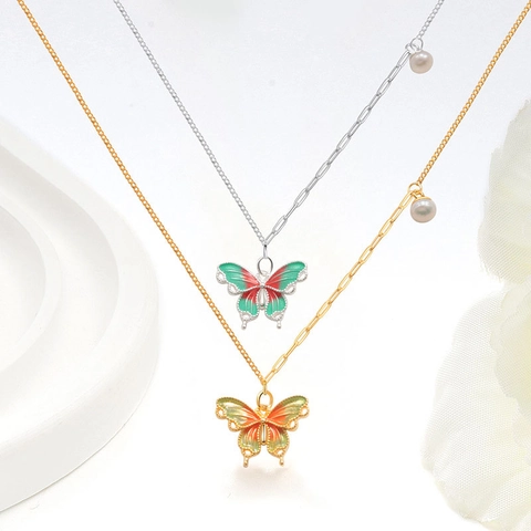 925 Sterlingsilber Schmetterling Anhänger Halskette Bunte Emaille Asymmetrische Künstliche Perlenkette Schmuck Für Damen Jubiläumsgeschenk