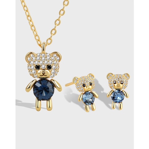 S925 Sterling Silver Teddy Bear Jewelry Blue Austrian Crystal Inlaid Rhinestone Bear Pendant Necklace Stud Earrings For Women