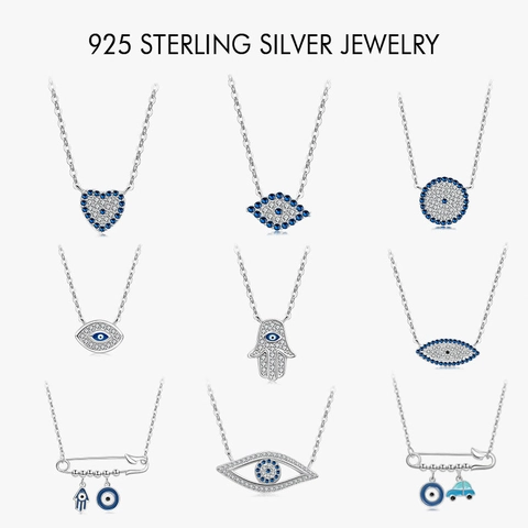 925 Sterling Silver Evil Eye Necklace Zirconia Hamsa Hand Heart Safety Pin Pendant Necklace For Women Luxury Jewelry Gift