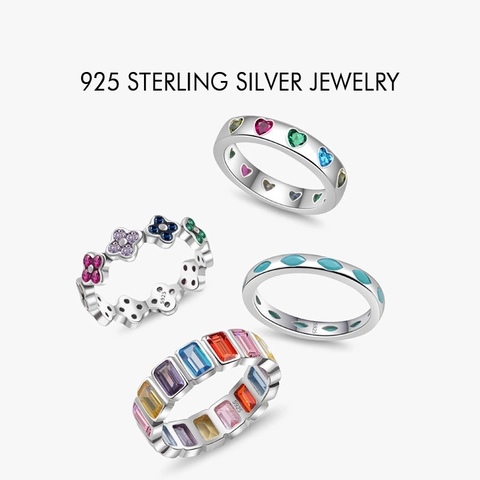 925 Sterling Silver Colorful Zirconia Ring For Women Dopamine Heart Clover Marquise Eternity Band Fashion Jewelry Gift