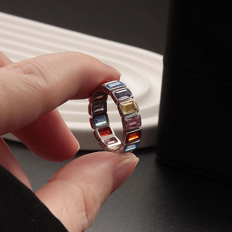 925 Sterling Silver Colorful Zirconia Ring For Women Dopamine Heart Clover Marquise Eternity Band Fashion Jewelry Gift