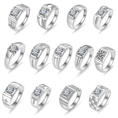 925 Sterling Silver Men Moissanite Ring Luxury Round Zirconia Band Ring Fashion Geometric Finger Jewelry For Wedding Engagement