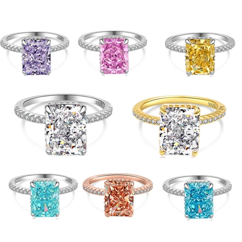Luxury 925 Sterling Silver Rectangular Zirconia Ring For Women Radiant Cut Color Gemstone Ring For Wedding Banquet Fashion Jewelry
