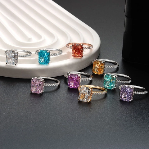 Luxury 925 Sterling Silver Rectangular Zirconia Ring For Women Radiant Cut Color Gemstone Ring For Wedding Banquet Fashion Jewelry