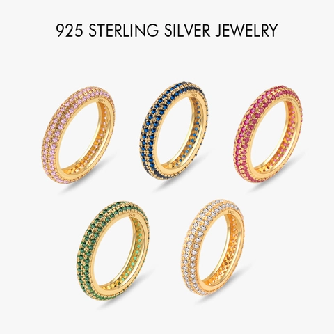 925 Sterling Zilver 18K Vergulde Volledige Eternity Ring Voor Vrouwen Luxe 3 Rijen Zirkonia Pave Setting Ring