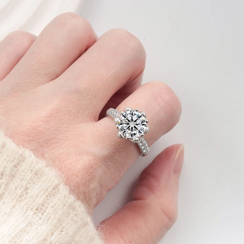 Luxus 925 Sterling Silber Moissanit Ring Blume Sechs Krappen Krone Rund Brillant Schliff Hochzeit Verlobungsring Schmuck