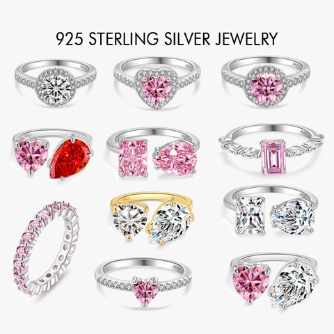 S925 Sterling Silver Ring For Women Luxury Heart Waterdrop Emerald Cut Zirconia Pink White Stone Engagement Wedding Jewelry