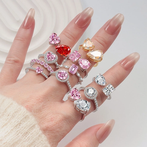 S925 Sterling Silver Ring For Women Luxury Heart Waterdrop Emerald Cut Zirconia Pink White Stone Engagement Wedding Jewelry