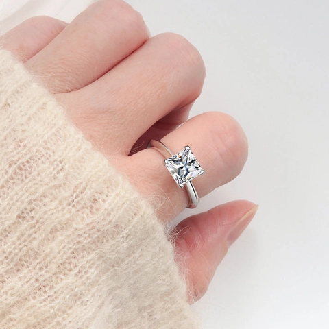 S925 Sterling Silver Princess Cut Moissanite Zirconia Ring Four Prong Solitaire Engagement Wedding Band Women Jewelry