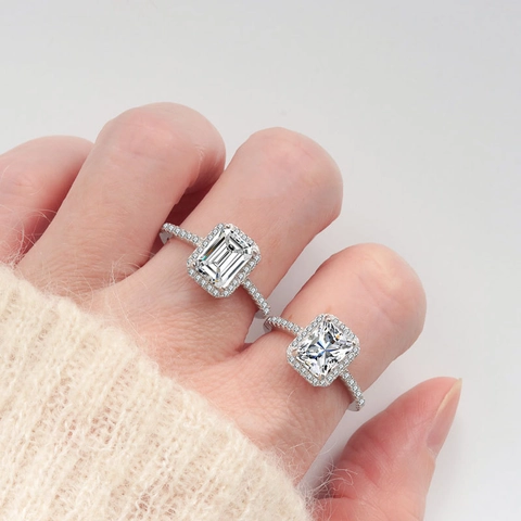925 Sterling Silver Emerald Cut Moissanite Ring Radiant Cut Zirconia Halo Ring For Women Wedding Engagement Jewelry