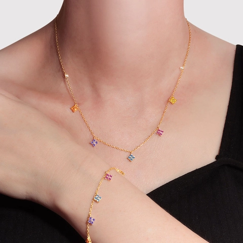 Multicolor Zirconia Clover Jewelry Set 18K Gold Plated 925 Sterling Silver French Luxury Flower Necklace Bracelet Women Accessories