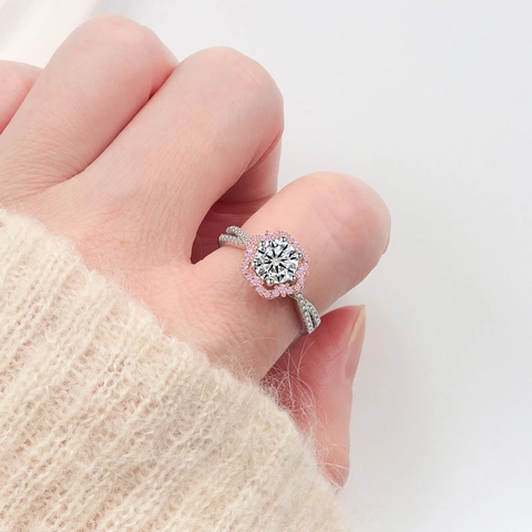 925 Sterling Silver Moissanite Ring Flower Petal Halo Intertwined Twining Band Pink Gemstones Elegant Wedding Jewelry For Women