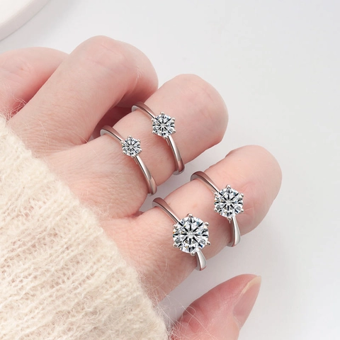 Classic 925 Sterling Silver Ring With Round Moissanite Zirconia Solitaire Six Prong Setting Engagement Wedding Anniversary Ring For Women