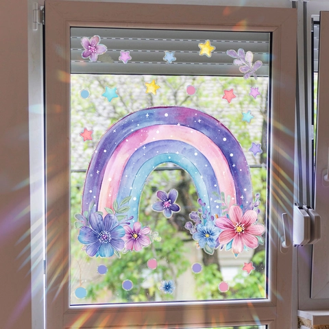 Watercolor Rainbow Flower Window Cling Static Cling Film Purple Rainbow Cloud Star Decal For Home Kids Room Window Decor
