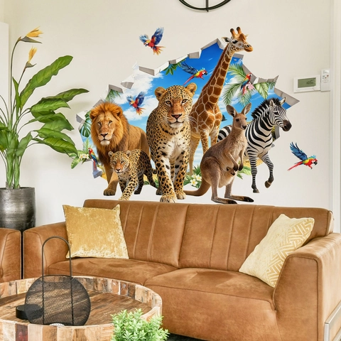 3D Wild Animal Broken Wall Sticker Realistic Lion Leopard Giraffe Zebra Parrot Self Adhesive PVC Decal For Kids Room Decor