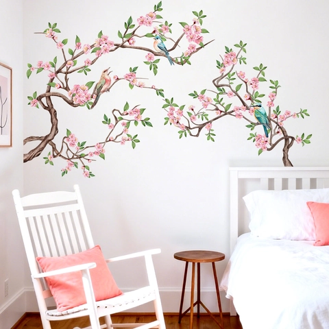 Pegatinas de Pared de Ramas de Cerezo en Flor Rosa y Pájaros Calcomanía Floral de PVC Extraíble para Dormitorio Sala de Estar