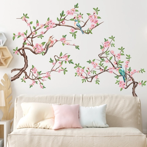 Pegatinas de Pared de Ramas de Cerezo en Flor Rosa y Pájaros Calcomanía Floral de PVC Extraíble para Dormitorio Sala de Estar