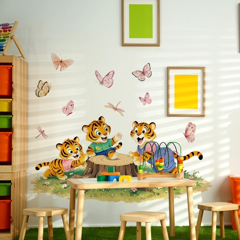 Cartoon Waldtiere Wandaufkleber Aquarell Tiger Fuchs Eichhörnchen Schmetterling DIY PVC Aufkleber Für Kinderzimmer Deko