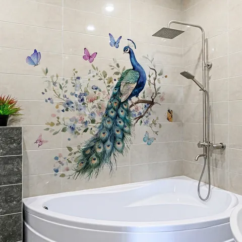 Adesivo da Parete Acquerello Pavone Ramo di Fiori Farfalla Impermeabile PVC Autoadesivo Rimovibile Murale per Casa Soggiorno Camera da Letto Bagno Decorazione