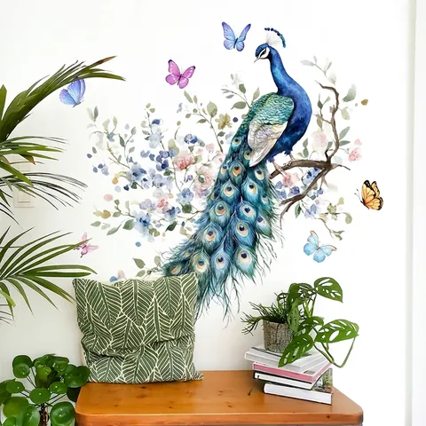 Adesivo da Parete Acquerello Pavone Ramo di Fiori Farfalla Impermeabile PVC Autoadesivo Rimovibile Murale per Casa Soggiorno Camera da Letto Bagno Decorazione