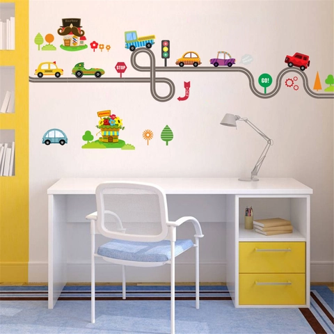 Cartoon Road Car PVC Wall Sticker For Kids Room Traffic Sign Map DIY Self-Adhesive Removable Nursery Wall Decal Decor