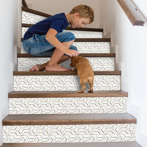 Modern Geometric 3D Stair Riser Stickers White Gold Y-Pattern PVC Self-Adhesive Waterproof DIY Home Decor Wall Decals