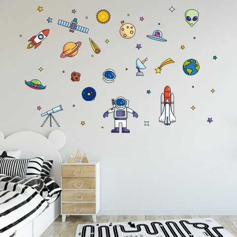 Cartoon Space Astronaut Rocket Planet UFO Wall Stickers For Kids Room Nursery PVC Waterproof Wall Decals Home Decor