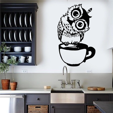 Karikatur Eule Kaffeetasse Wandaufkleber Abnehmbare PVC Dekorative Wandbild Für Kinderzimmer Schlafzimmer Küche Cafe Haus Wand Dekor