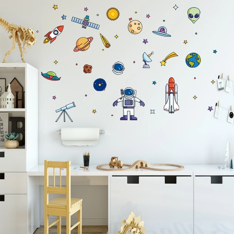 Cartoon Space Astronaut Rocket Planet UFO Wall Stickers For Kids Room Nursery PVC Waterproof Wall Decals Home Decor